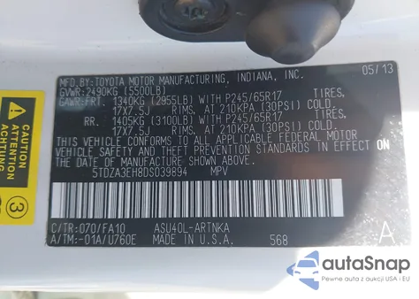 2013 Toyota Highlander Base Plus z USA, uszkodzony, nr VIN 5TDZA3EH8DS039894